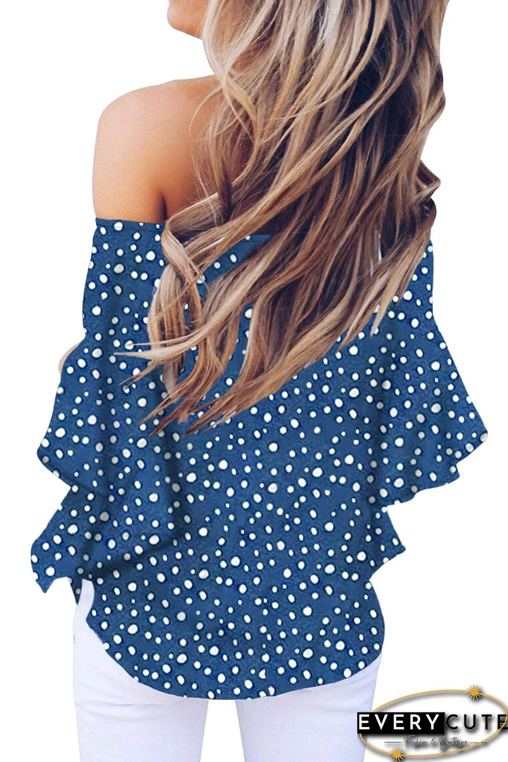 Sky Blue Polka Dot 3/4 Bell Sleeve Off Shoulder Front Tie Knot Top