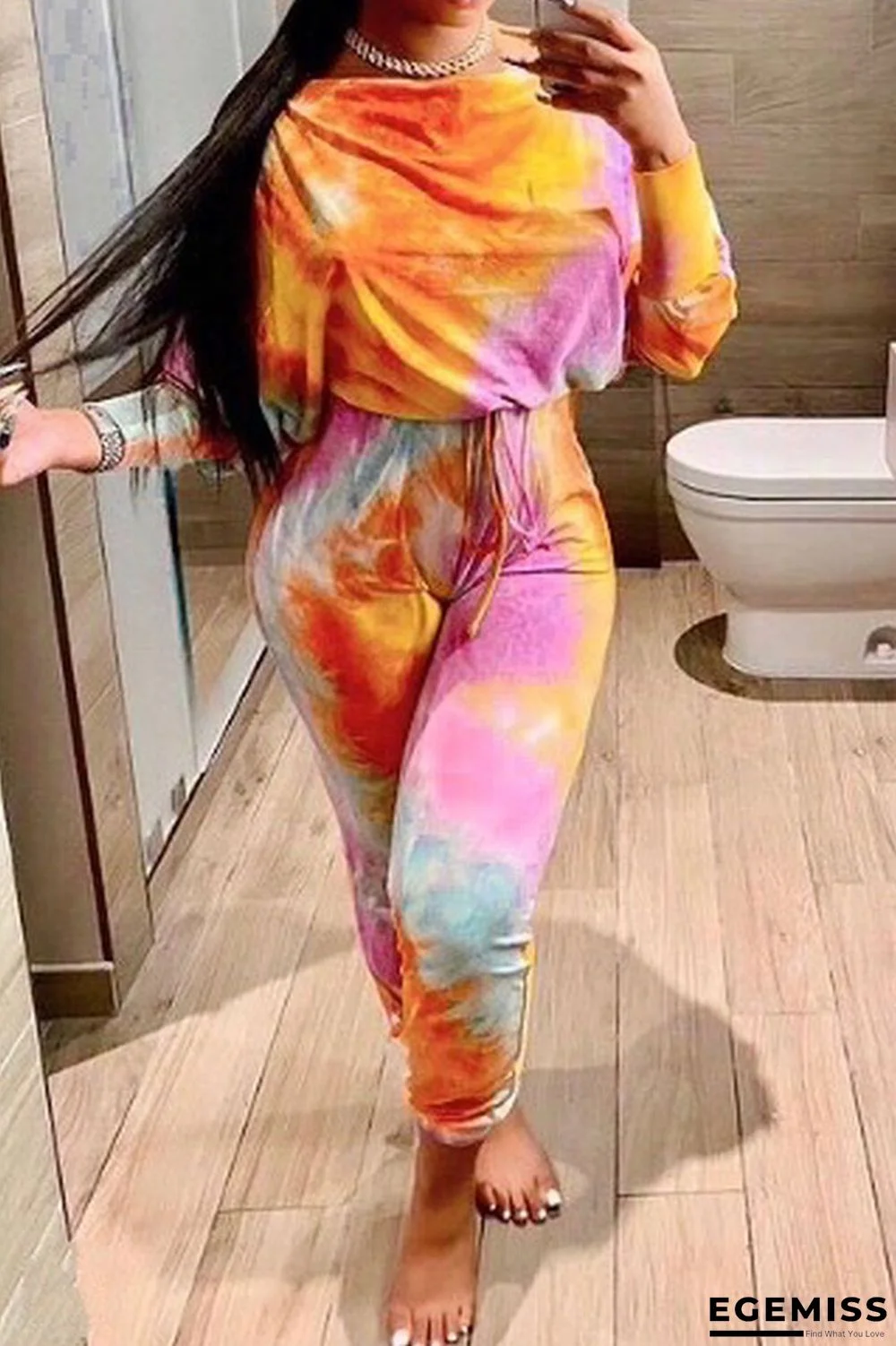 Yellow British Style Print Tie-dye O Neck Long Sleeve Two Pieces | EGEMISS