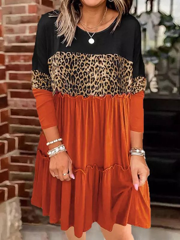 Leopard Color Block Long Sleeve Dress