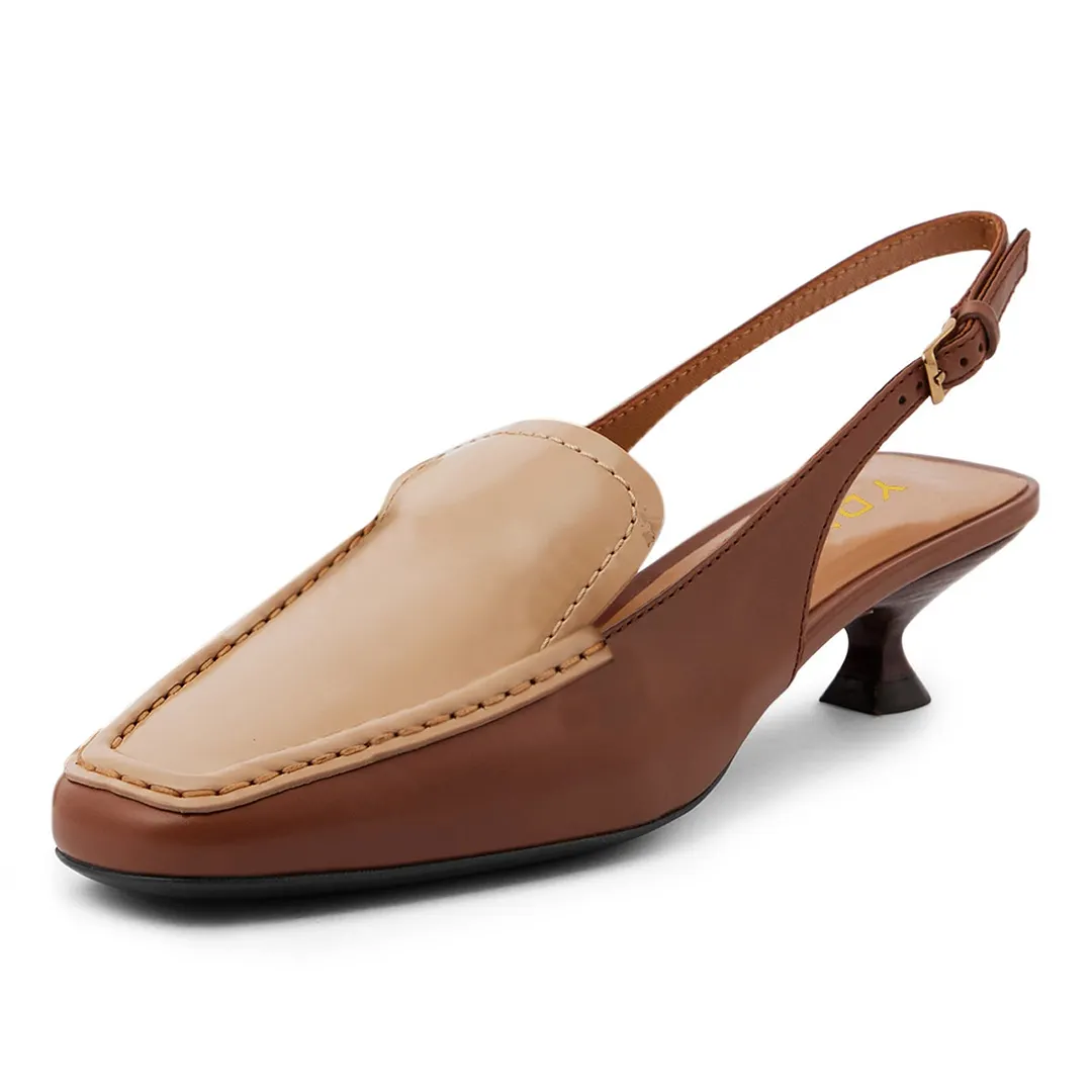 Brown and Tan Vegan Leather Square Toe Slingback Loafer Heels