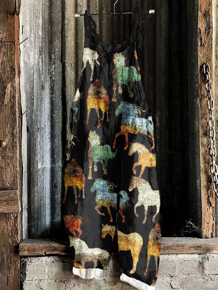 Comstylish Retro Horse Pattern Linen Blend Comfy Jumpsuit