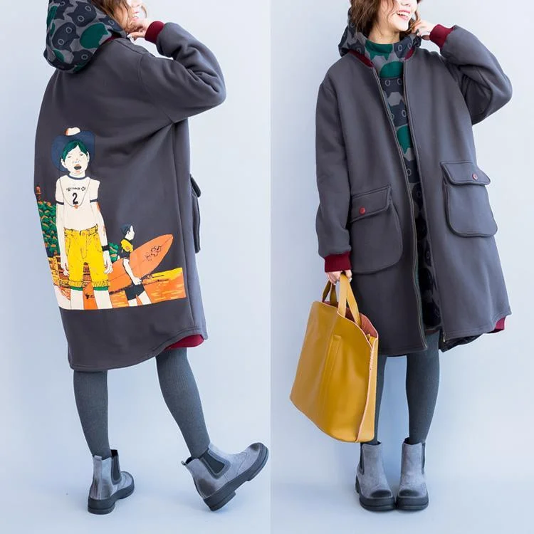 Back print hoodie womens winter coats gray warm woolen cardigans plus size outwear