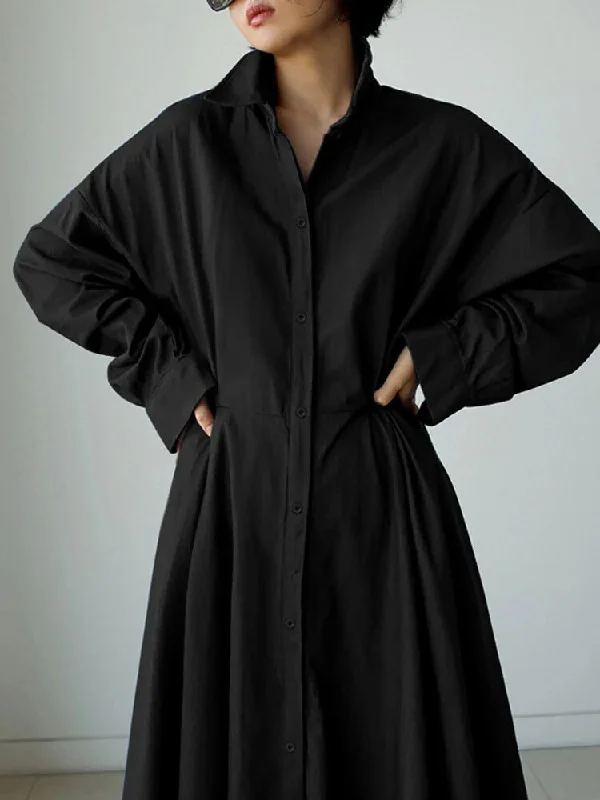 Simple Solid Color Lapel Long Sleeve Maxi Dress - yankia