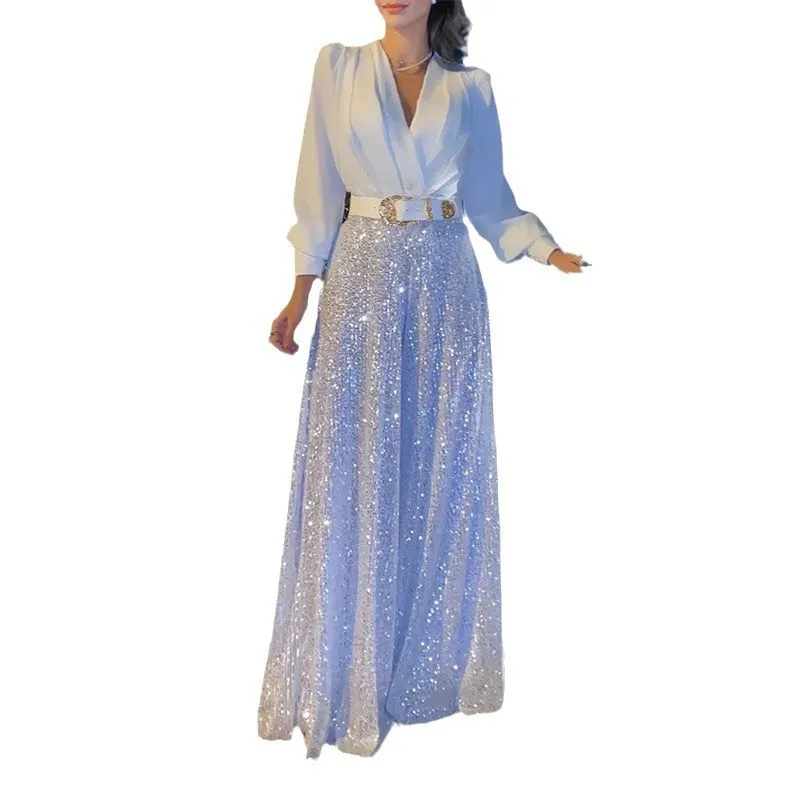Uveng Uveng Buy Through The New Fashion V-Neck Long-Sleeved Shirt Temperament Elegant Waist Display Thin Bright Leg Pants