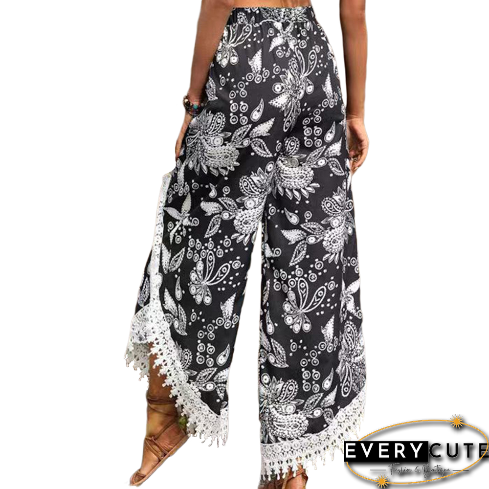 Black Floral Print Spliced Casual Pants