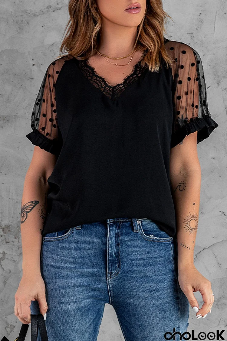 Black Polka Dot Short Sleeve Blouse