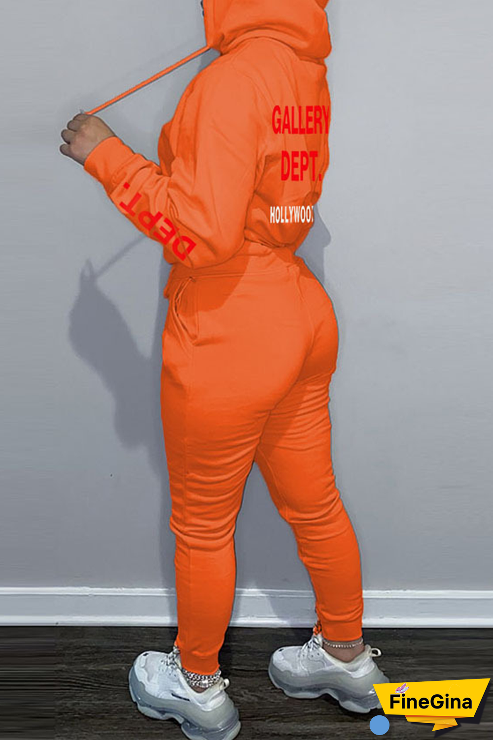 Brown Street Vintage Print Draw String Letter Hooded Collar Long Sleeve Two Pieces