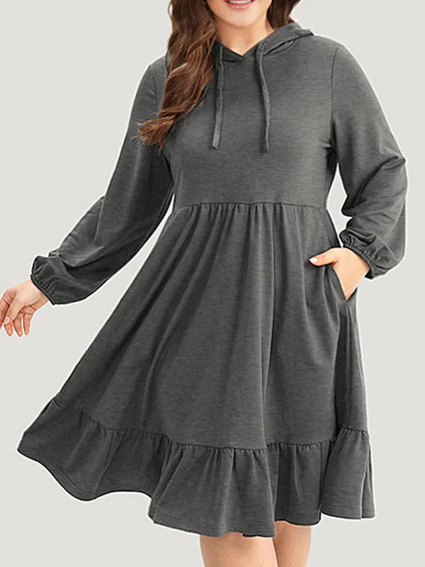 Drawstring Hooded Pleated Solid Color Long Sleeves Loose Hooded Midi Dresses