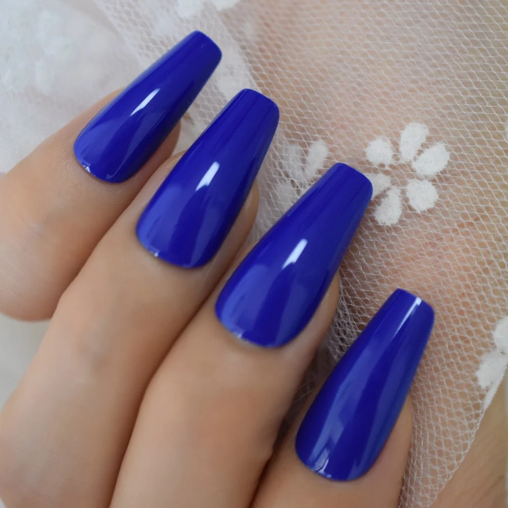 Gorgeous Diamond Blue Fake Nails Long Ballerina Shape Gelnails Thick Reusable Artificial Nail Art Tips 24