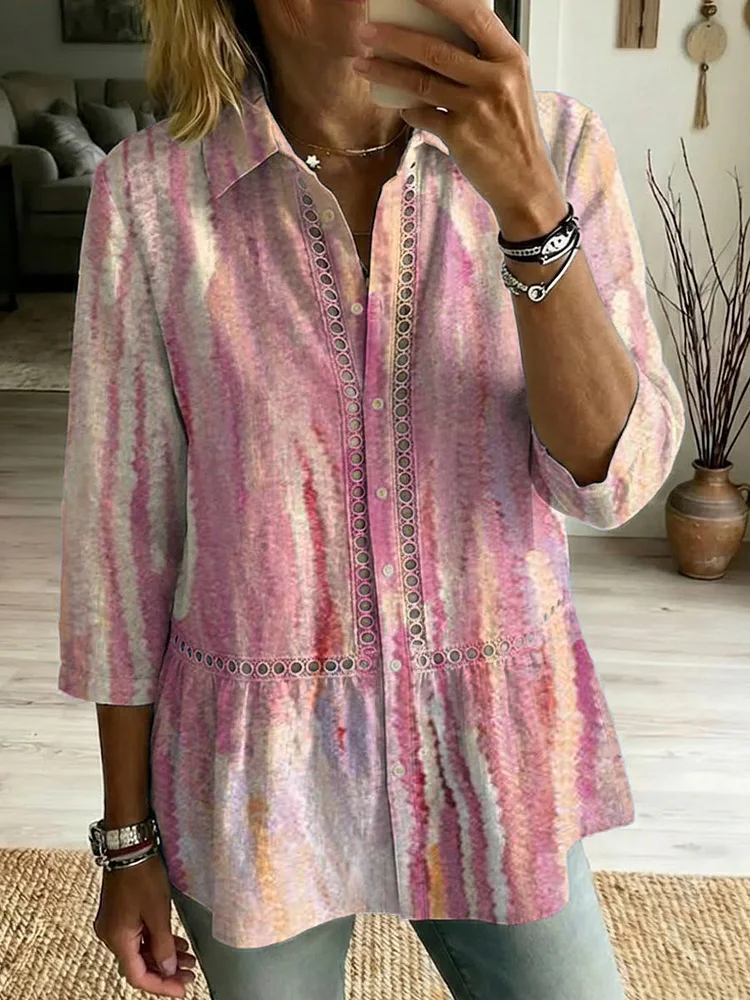 Casual Cotton-linen Shirt With Abstract Art Pattern, Patchwork, Cutouts, And Webbing Trim