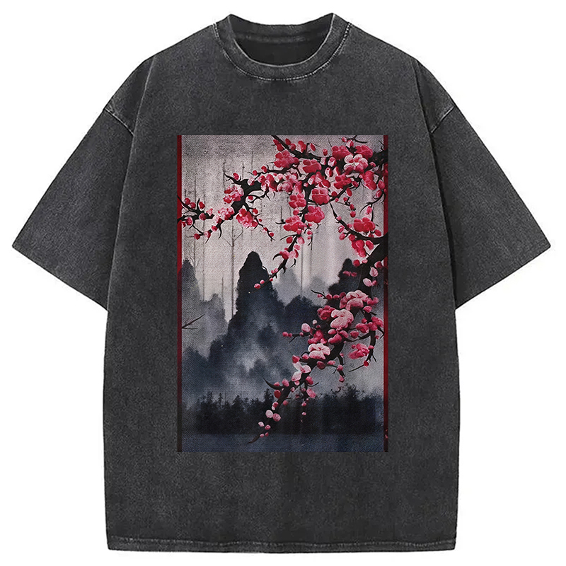 Cherry Blossom Woodblock Japanese Washed T-shirt artswardrobe
