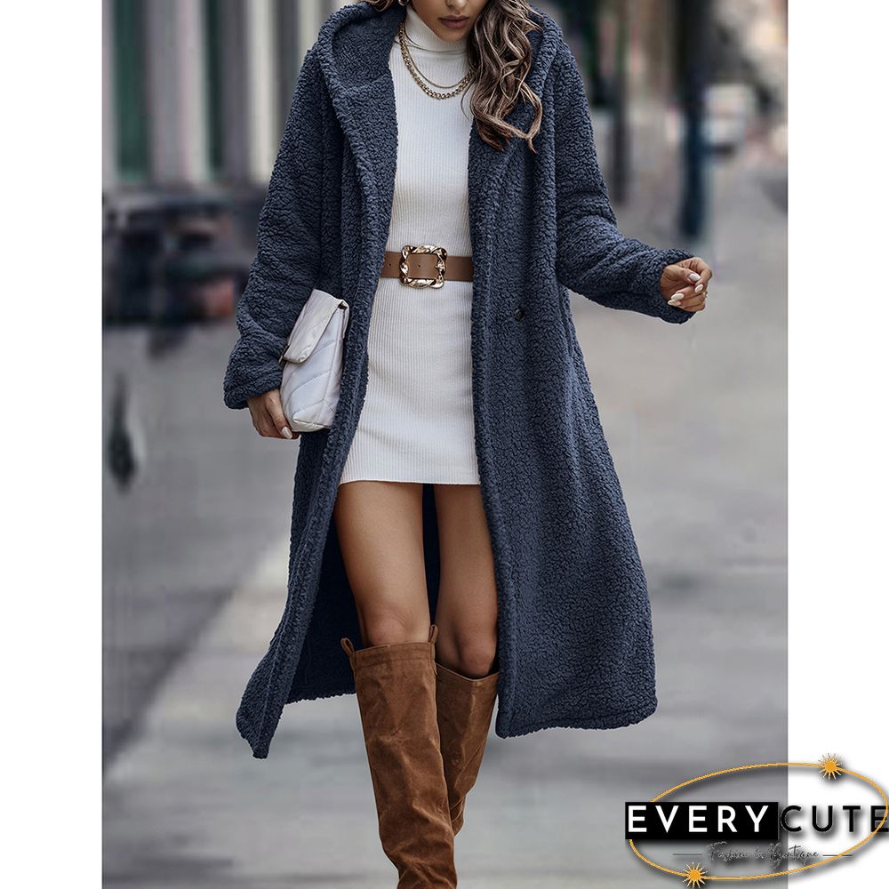 Navy Blue Open Front Long Sleeve Hooded Fleece Coat