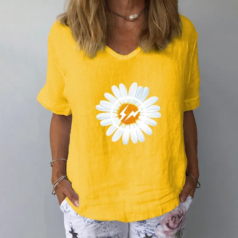 Women Summer Cotton Linen Blouse Casual V Neck Short Sleeve Femme Blouse Shirt New Letter Print 2022 Blusas Womens Tops S-3XL