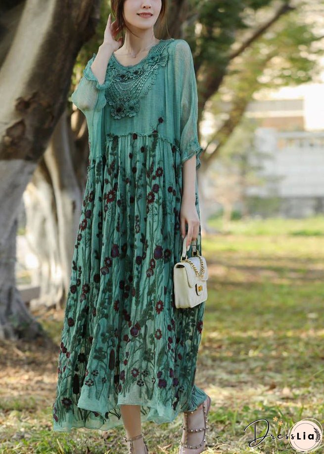 Stylish Lake Green Embroideried Patchwork Silk Long Dress Half Sleeve