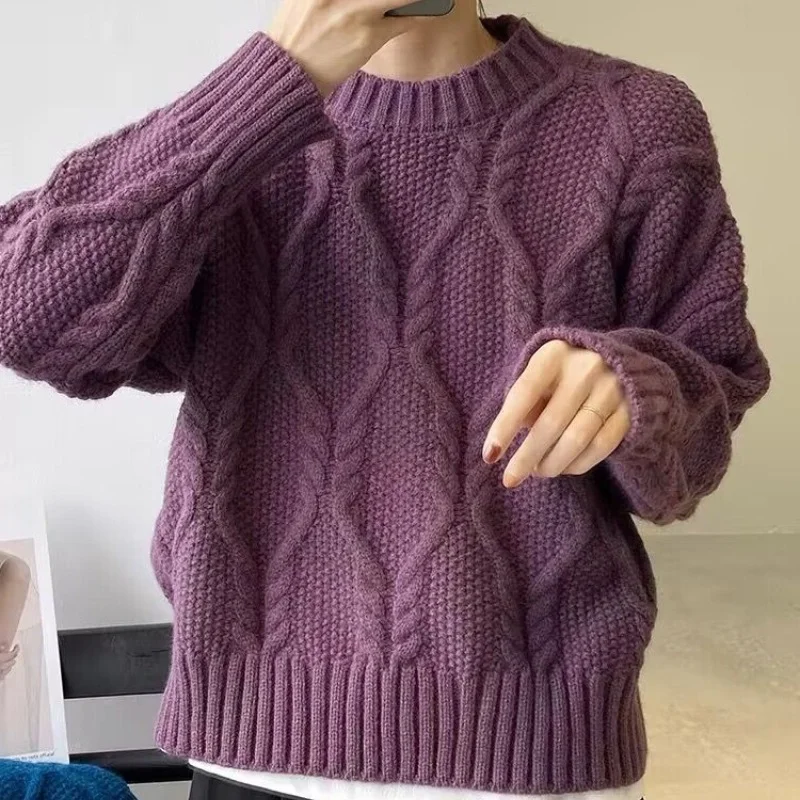 Toloer Toloer Purple Twist Sweater Female Autumn Winter Build Inside 2024 New Style Loose Lazy Wind Add Thick Round Collar Knit Jacket-Outfit Ideas