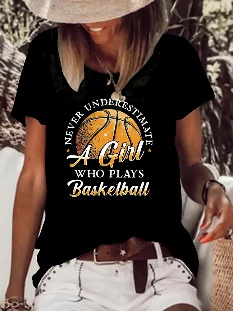 Never Underestimate A Girl Who Plays Basketball Raw Hem Tee-Annaletters