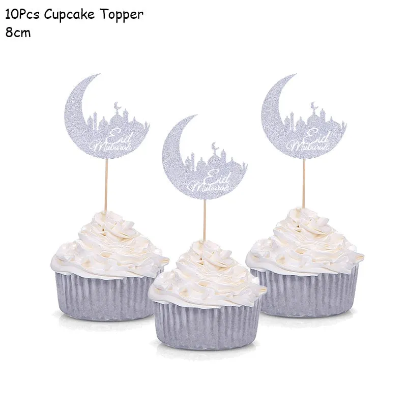 Gold Silver Glitter Eid Mubarak Cupcake Toppers EID Ramadan Festival Bunting Islamic Muslim Mubarak Party Decoration