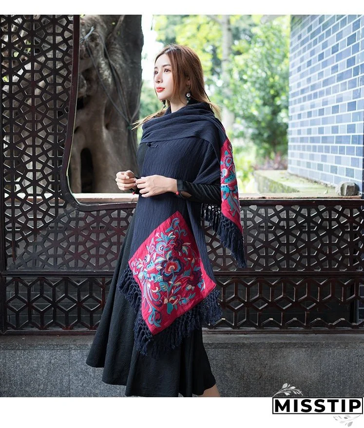 New Cotton and Linen Embroidered Cheongsam Scarf, Shawl, Dual-use, Vintage Style Scarf