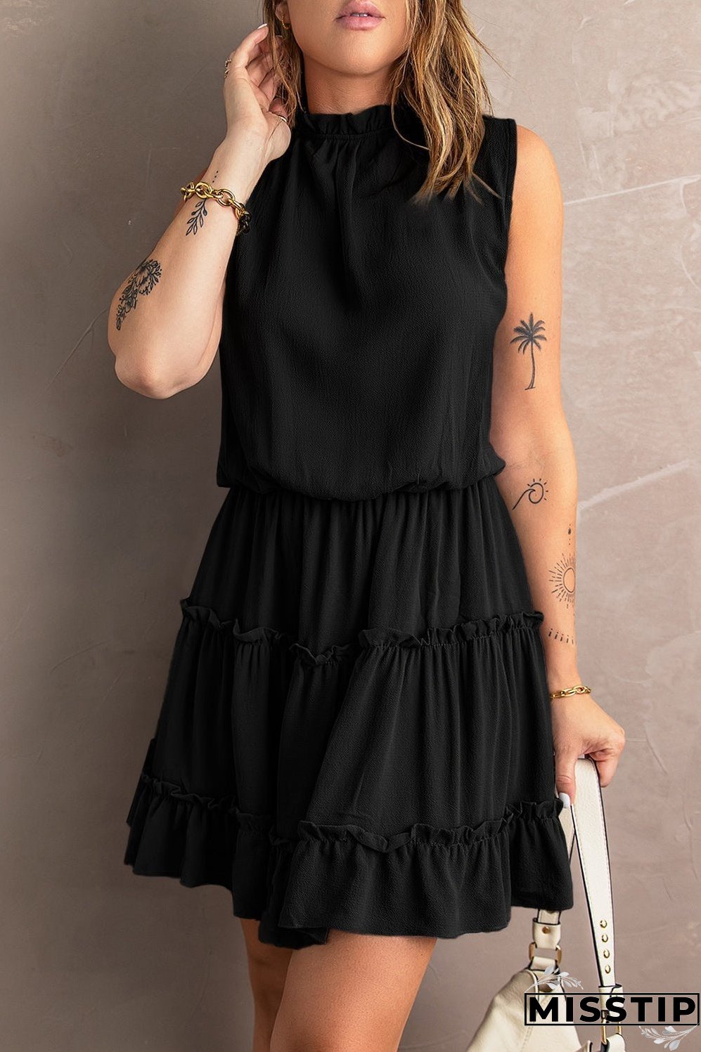 Tie Neck Frill Trim Sleeveless Mini Dress
