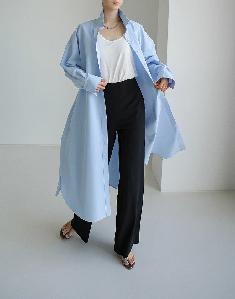 Loose Long Sleeves Buttoned Solid Color Split-Side Lapel Collar Shirt Dress