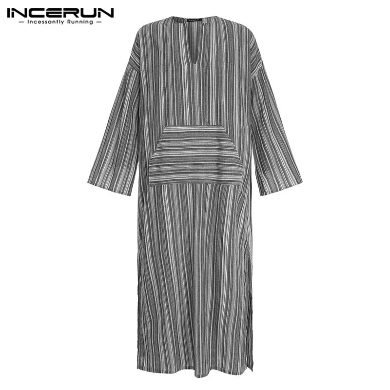 INCERUN Men Muslim Kaftan Cotton Arabic Islamic Robes Striped Retro Pockets Long Sleeve Middle East Men Jubba Thobe S-5XL 2022