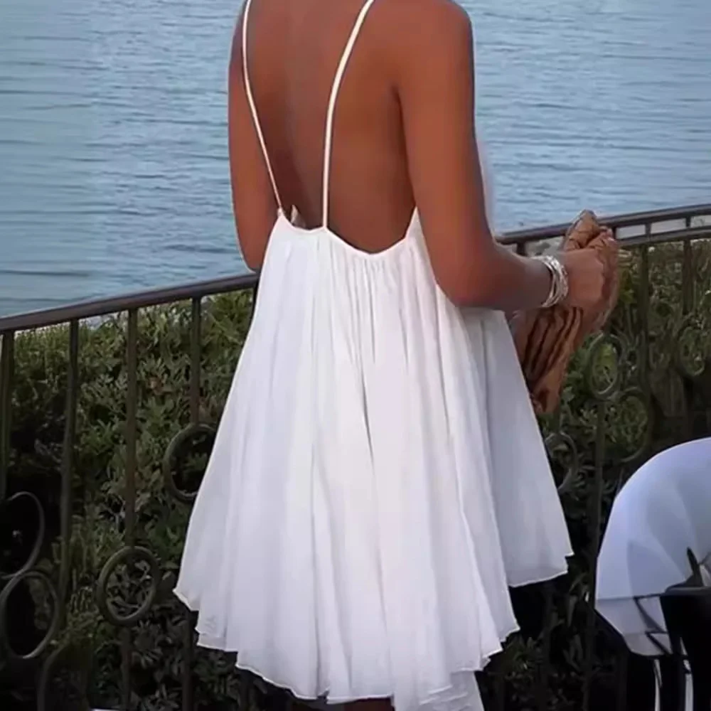 Holiday Style Loose White V-neck Halter Dress