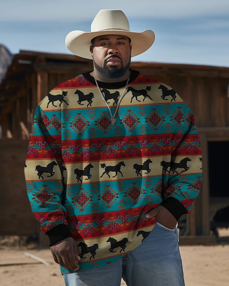 Men's Plus Size Color Block Horse Western Ethnic Style Long Sleeve Sweatshirt
