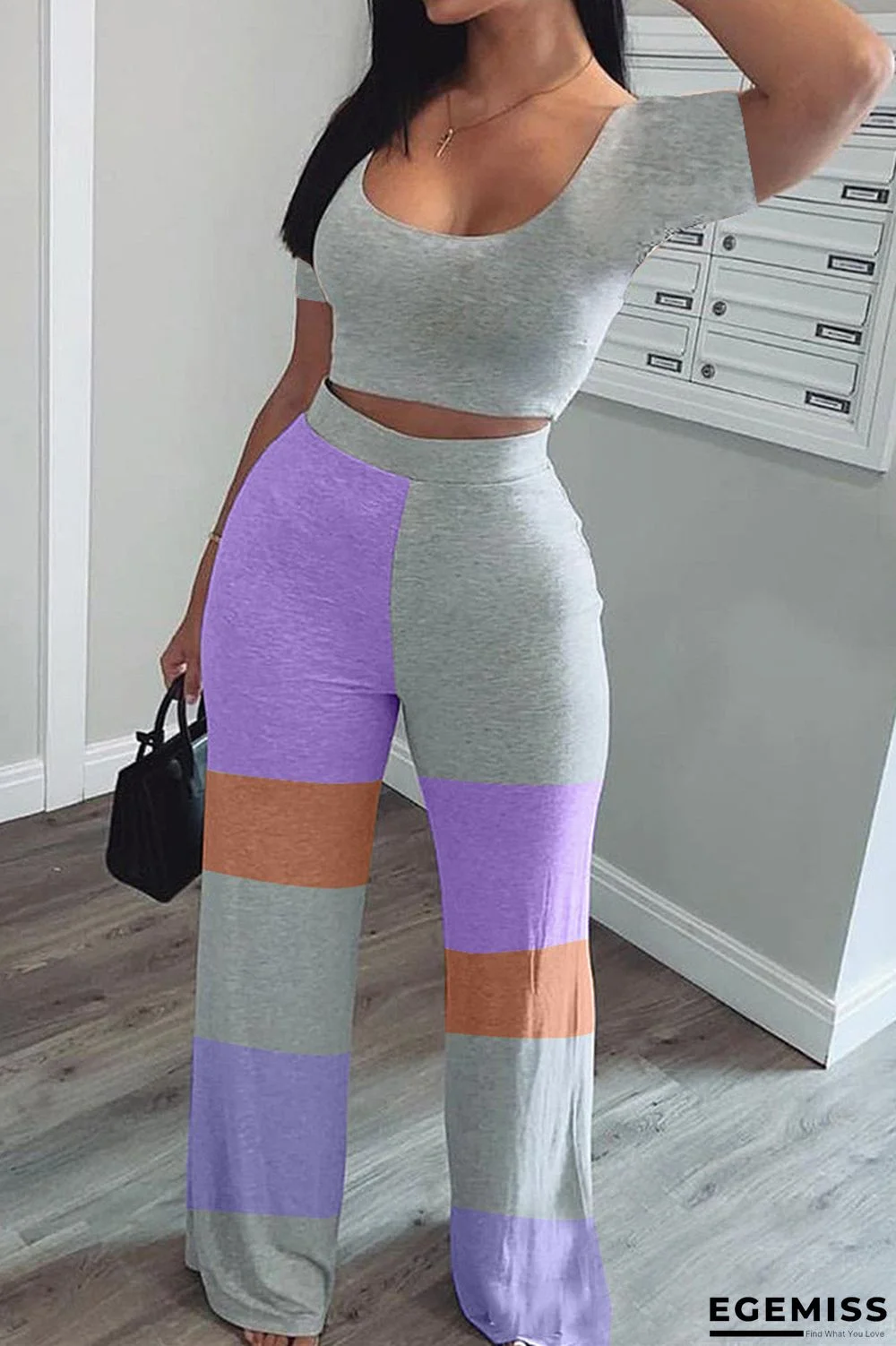 Grey Casual Patchwork Contrast Color Two Piece Suits Loose Short Sleeve Two Pieces | EGEMISS
