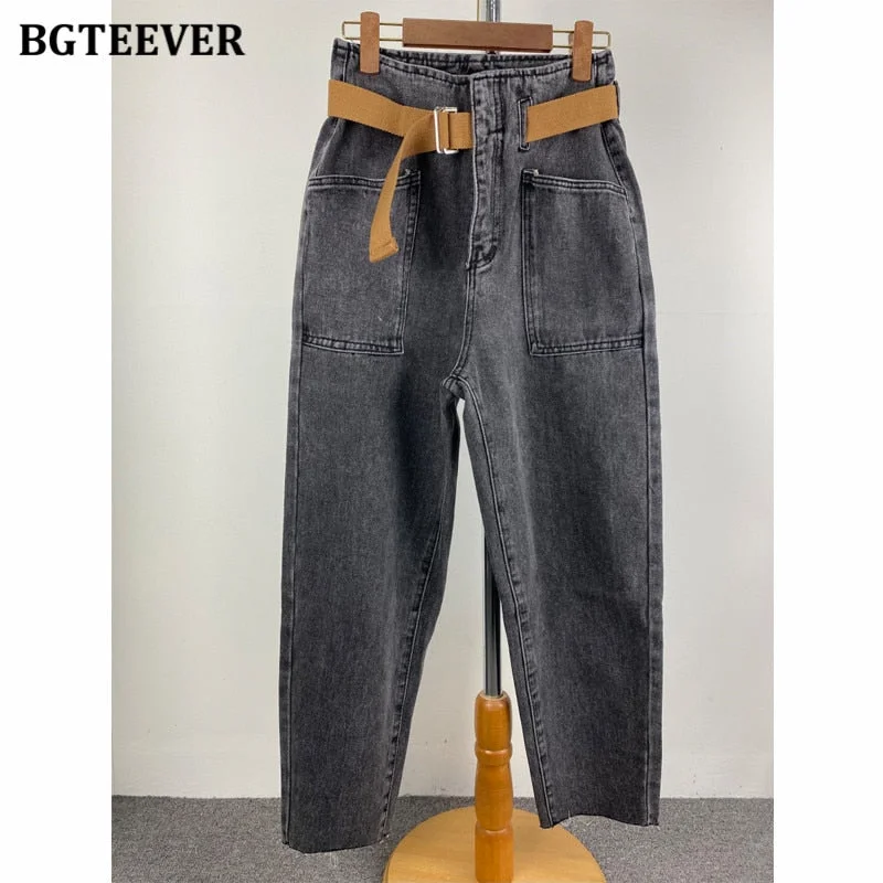 BGTEEVER 2021 Fashion Belted Harem Jeans Pants Women Vintage Ankle Length Denim Baggy Mom Jean Loose Washed Trousers Mujer