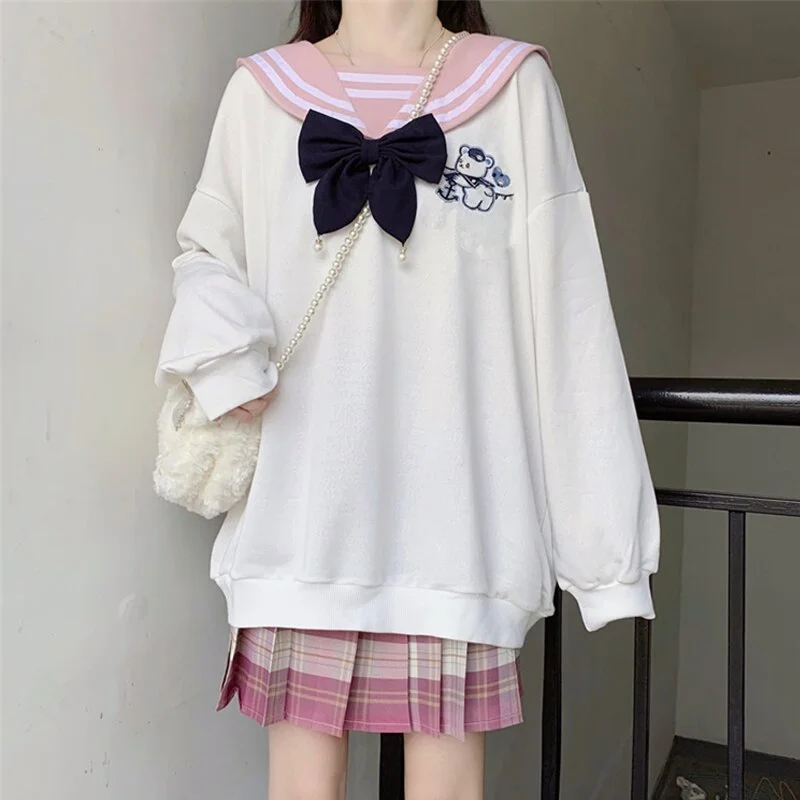 Hoodies and Sweatshirts Women Sweety Kawaii Loose Autumn Winter Hoodies Casual Oversize Pullovers Sailor Collar Bow Sweatshirts