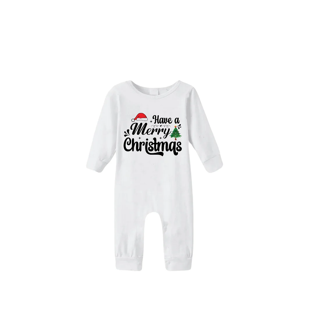 "Have a Merry Christmas" Letter Print White Long Sleeve Top with Black & White Plaid Christmas Family Matching Pajamas