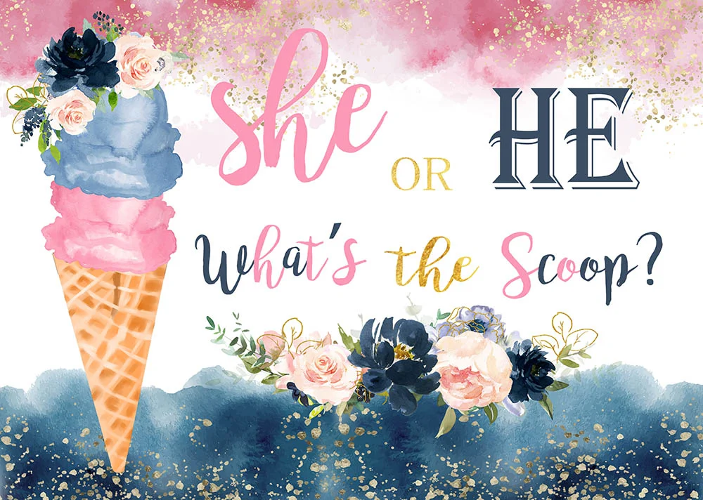 She Or He Ice Cream Floral Gender Reveal Backdrop RedBirdParty