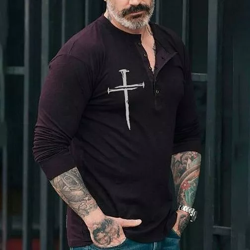 Retro Unbutton Cross Faith Print T-Shirt