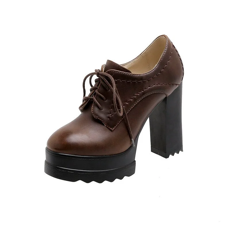 2021 New Elegant Square High Heel Lace Up Women Pumps Square Toe Platform Spring Autumn Casual Women's Shoes Size 34-42