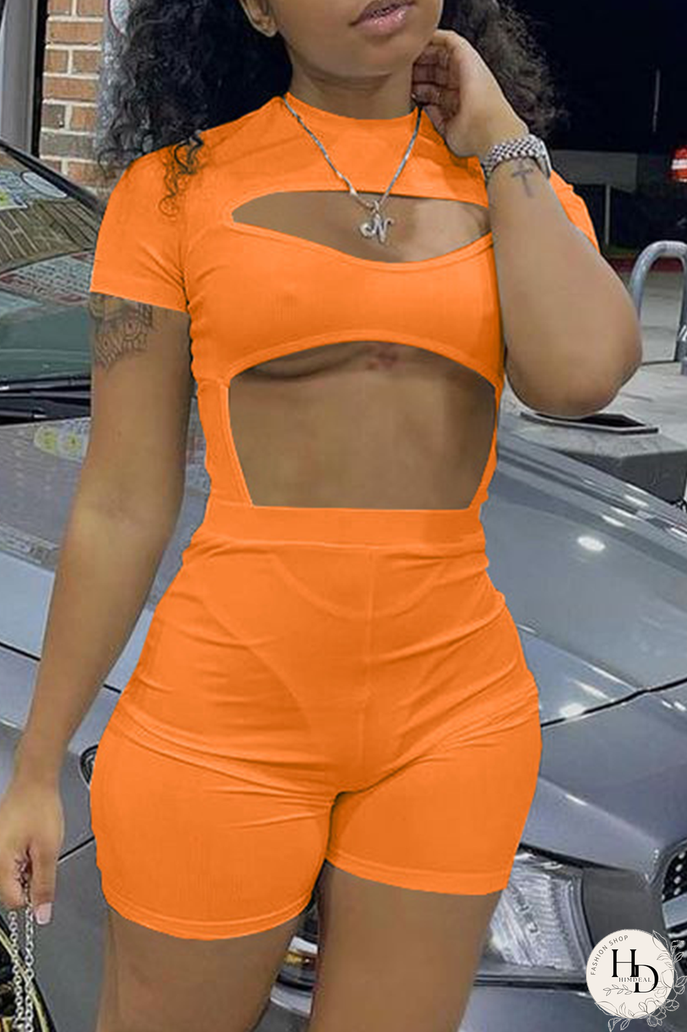 Khaki Sexy Solid Hollowed Out Half A Turtleneck Short Sleeve Two Pieces