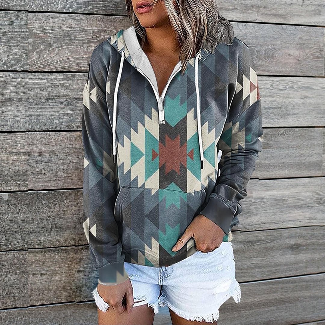 Casual Long Sleeve Vintage Western Print Hoodie