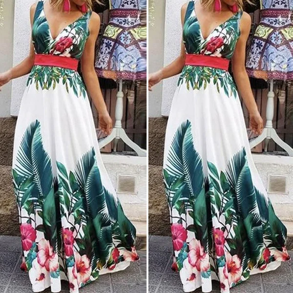 Women Summer V Neck Sleeveless Casual Dress Holiday Party Floral Printed Sundress