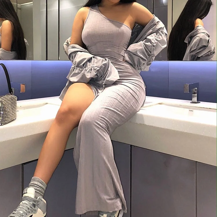 wsevypo High Slit Maxi Sundress Women Summer One Shoulder Straps Bodycon Dresses Party Vacation Causal Skinny Long Dress