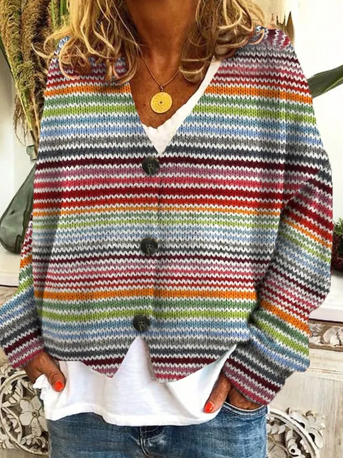 Vintage Imitation Knitted Printed Casual Loose Buttoned Flannel Cardigan
