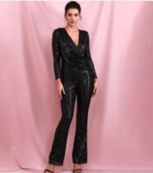 Sexy Brown Deep V-neck Draped Elastic Sequins bodycon Long Sleeve Party Jumpsuit LM82187 - BlackFridayBuys