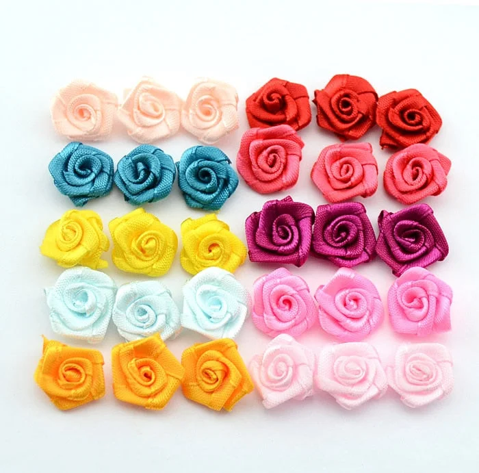 15mm 100pcs/lot Handmade Satin Rose Ribbon Rosettes Fabric Flower Bow Appliques Wedding Decor Craft Sewing Accessories DIY 1-35