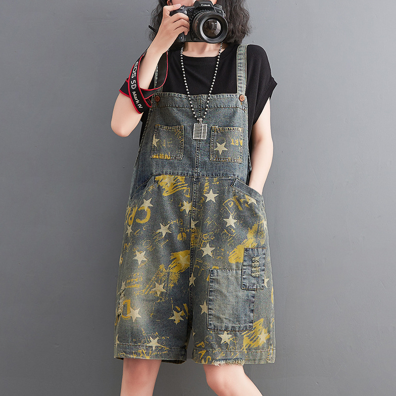 Casual Star Print Denim Suspender Jumpsuit