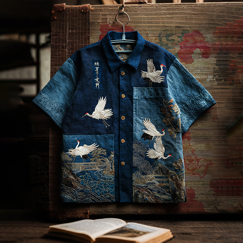 Japanese Style Crane With Landscape Patchwork Art Linen Short Sleeve Shirt  artssus