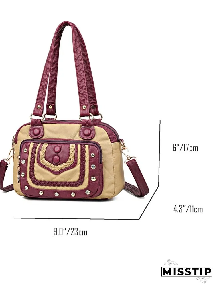 Colorblock Rhinestone Decor Shoulder Bag