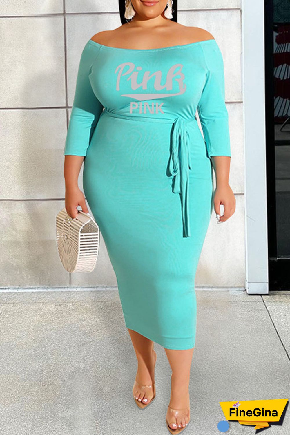 Blue Casual Print Bandage Patchwork Off the Shoulder One Step Skirt Plus Size Dresses