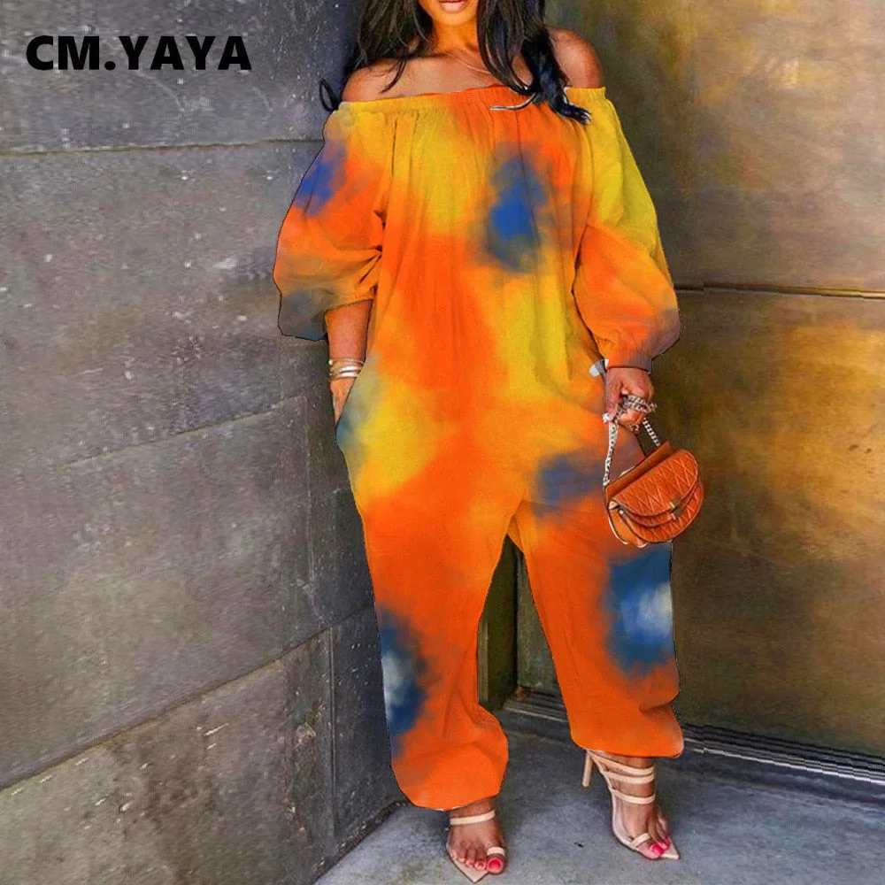 CM.YAYA  Tie Dye Off Shoulder Slash Neck  Women's Haren Jumpsuit Streetwear Active Short Sleeve Romper Overalls Outfits