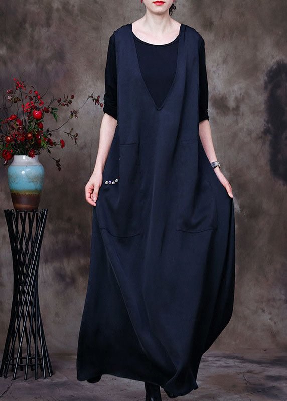 Fashion Black V Neck pockets Silk Maxi Dresses Sleeveless CK1481- Fabulory