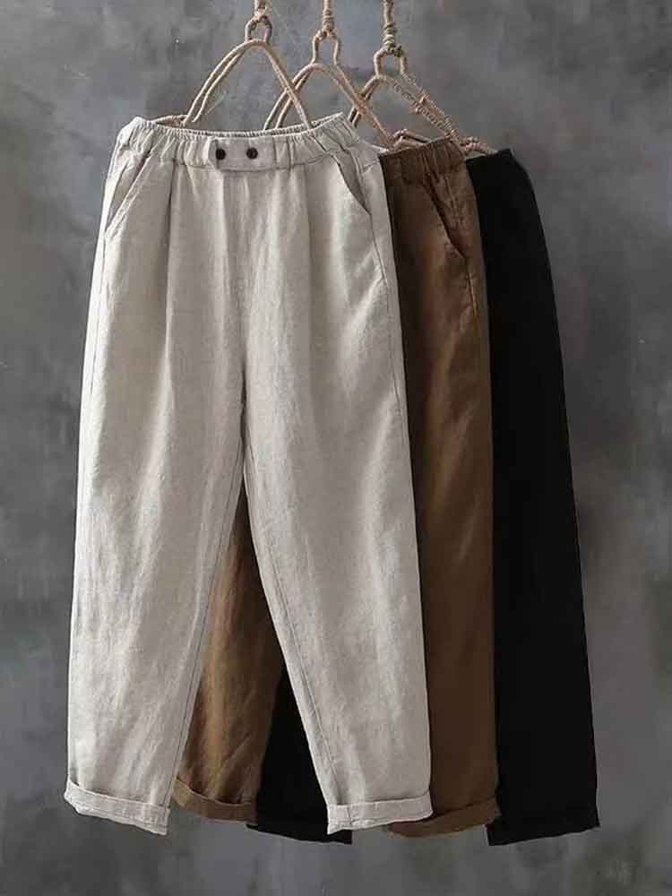 Comstylish Women's Simple Linen Blend Elastic Waist Casual Pants