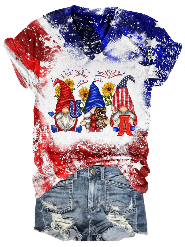 Women's Flag Gnome Print Short Sleeve T-Shirt wearshes