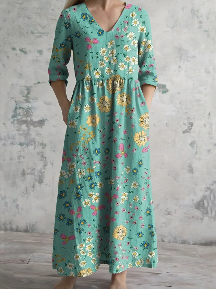 Women's V-neck Floral Print Cotton Dress